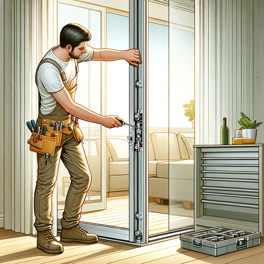 An illustration of a technician adjusting the rollers on a sliding glass door