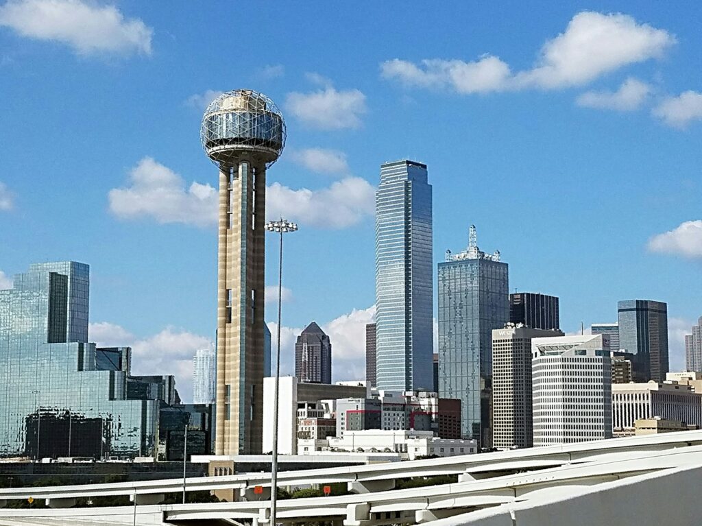 Cityscape of unique modern architecture along the Dallas, Texas skyline.