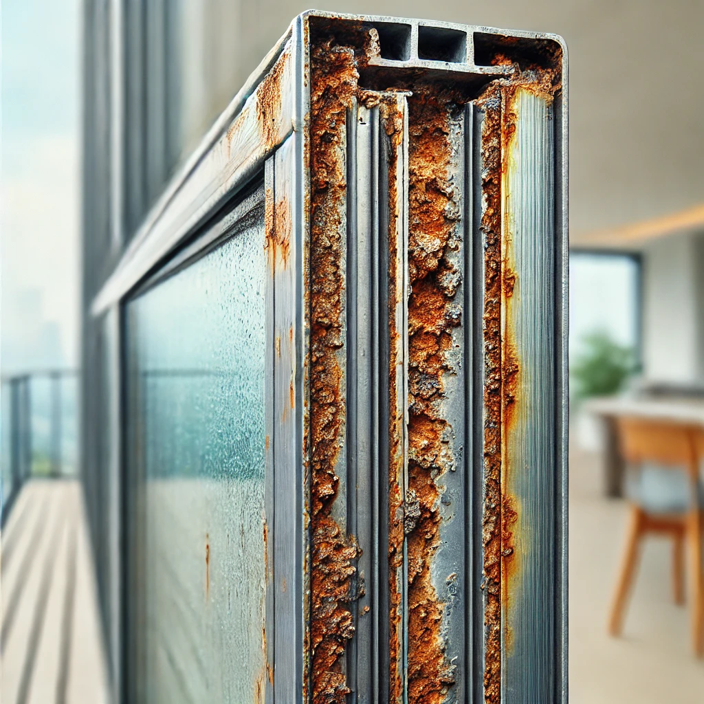 image of a sliding door frame with visible signs of corrosion and rust damage. The metal has patches of reddish-brown rust, especially near